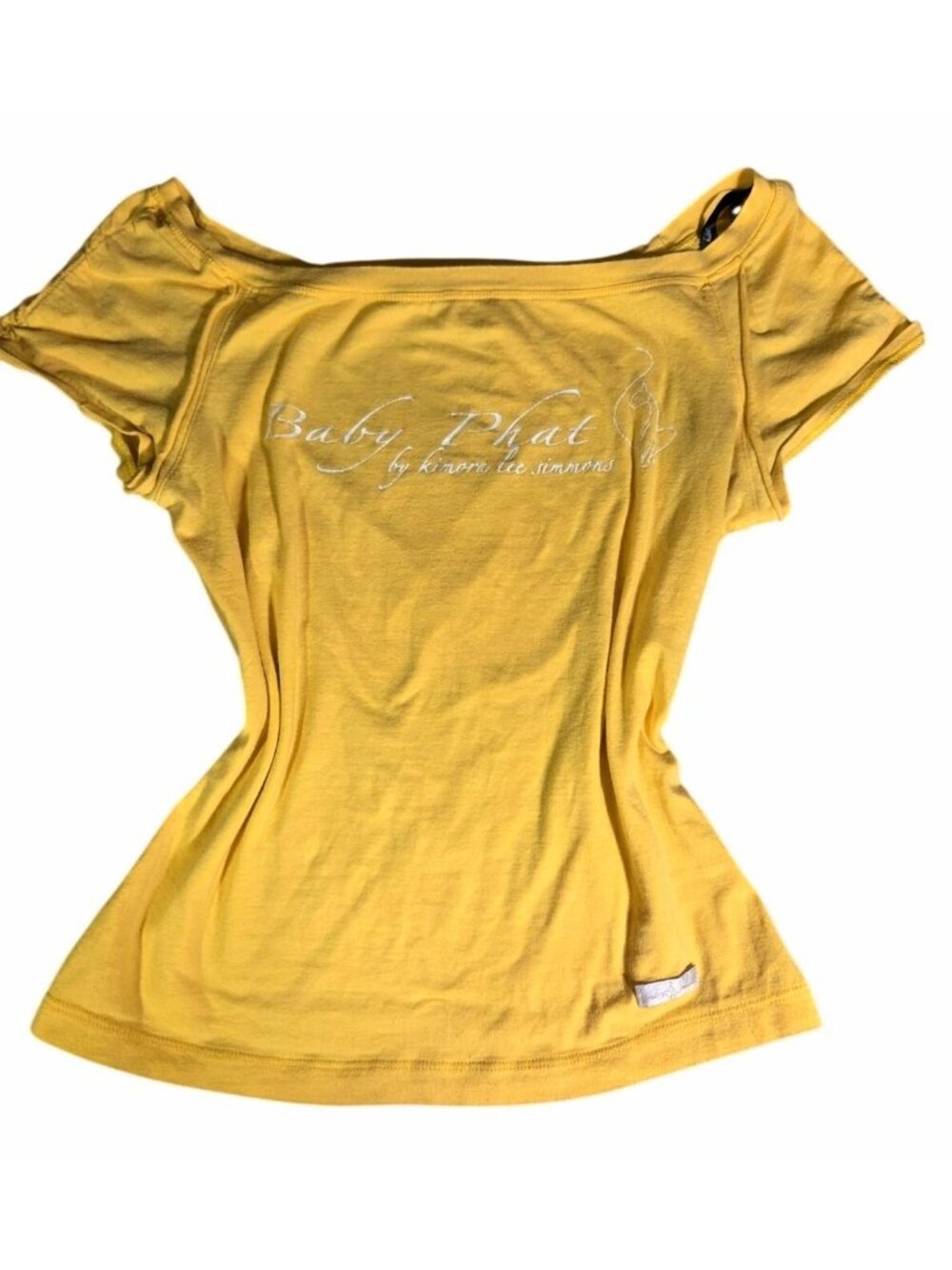 VTG Y2K Baby Phat Yellow Off The Shoulder Spellout Baby Tee Sz M Mcbling T shirt